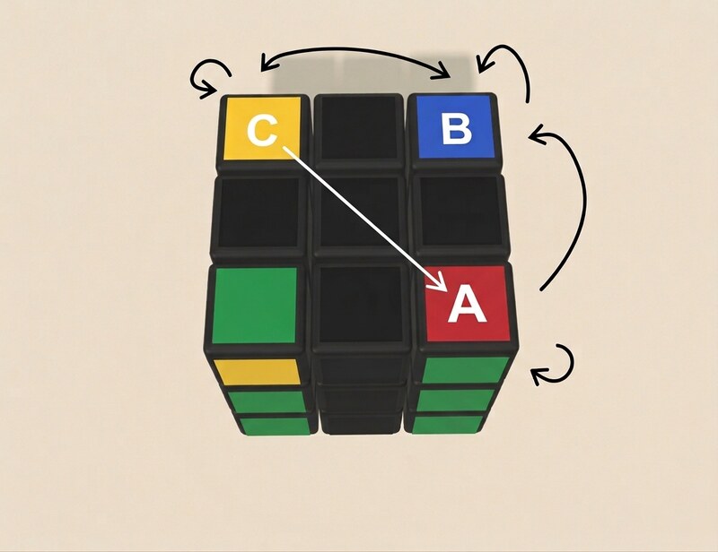 角块三轮换示意:A→B→C→A